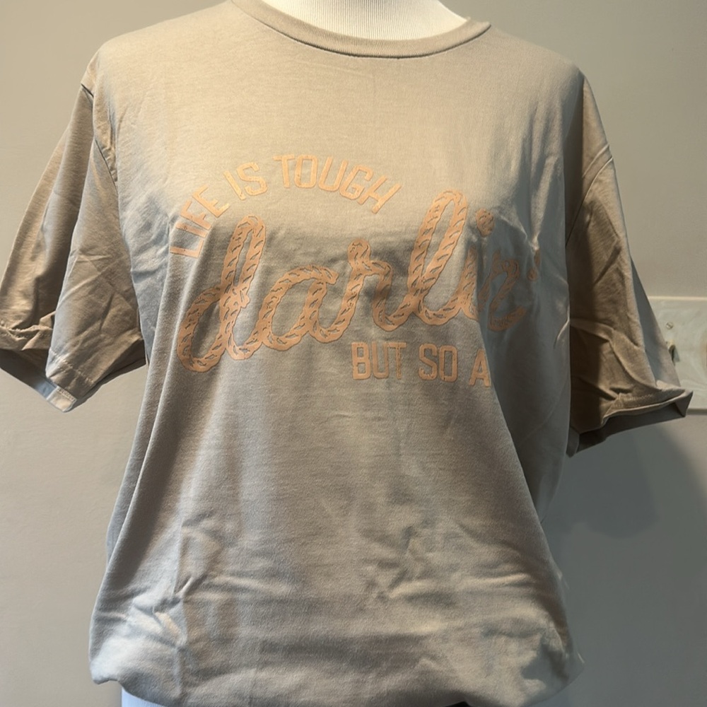 Gray Graphic Tee with Peach Text